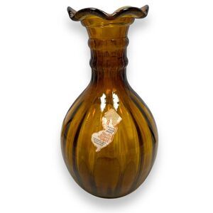 Vintage‎ South Jersey Clevenger Bros Glass Amber Vase Scalloped Edge Hand Blown